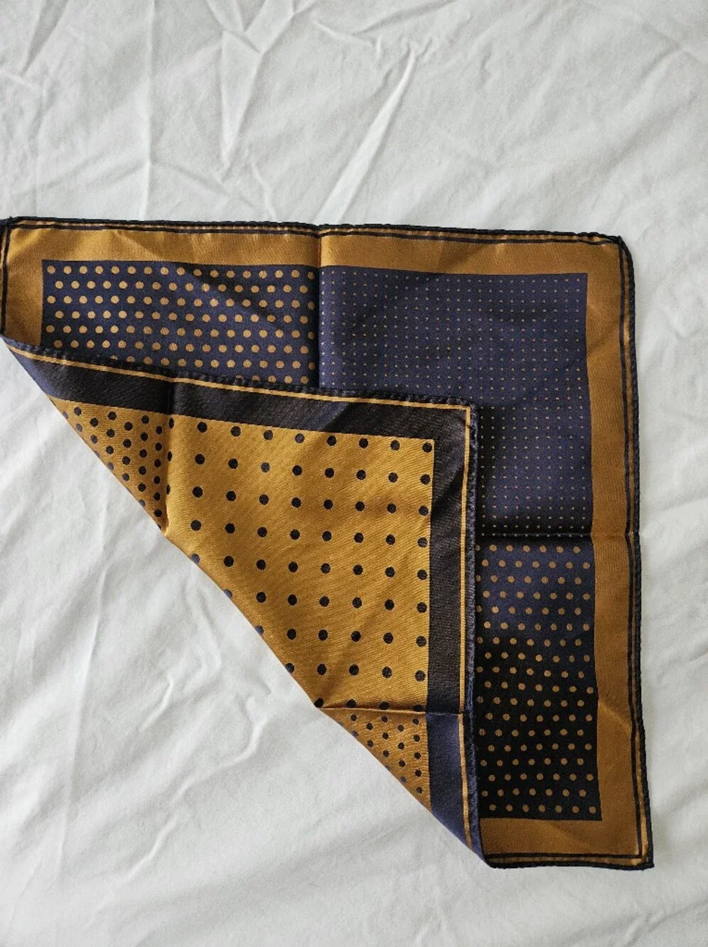 Luxury Men's Silk Gold Navy Blue Polka Dot Multi-Pattern Pocket Square | SZ 13" - Picture 3 of 6